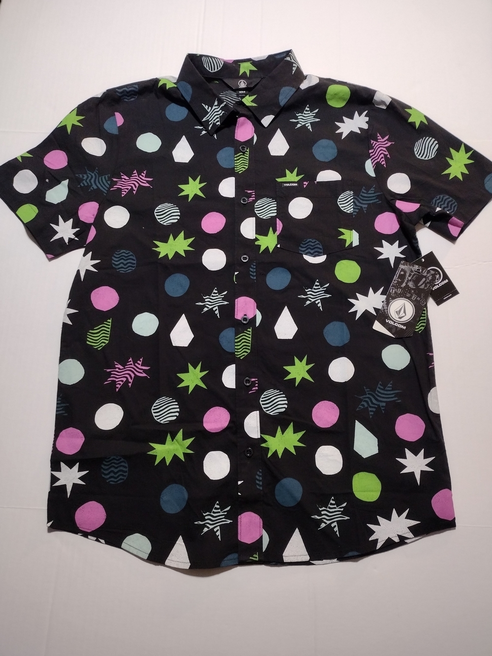 Volcom Men's Black Short-Sleeve Graphic Button-Up Shirt - Multicolor Shapes